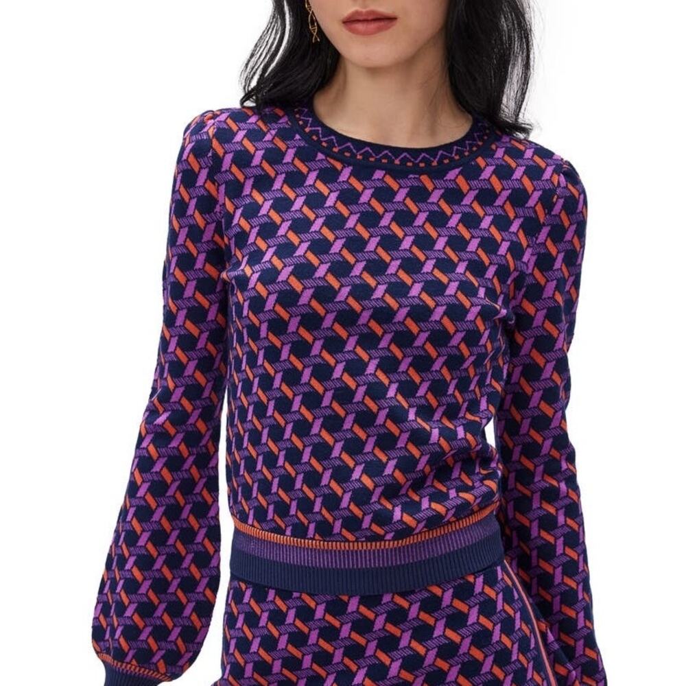 Diane von Furstenberg Iggy Geometric Knit Wool Blend Crewneck Pullover Sweater